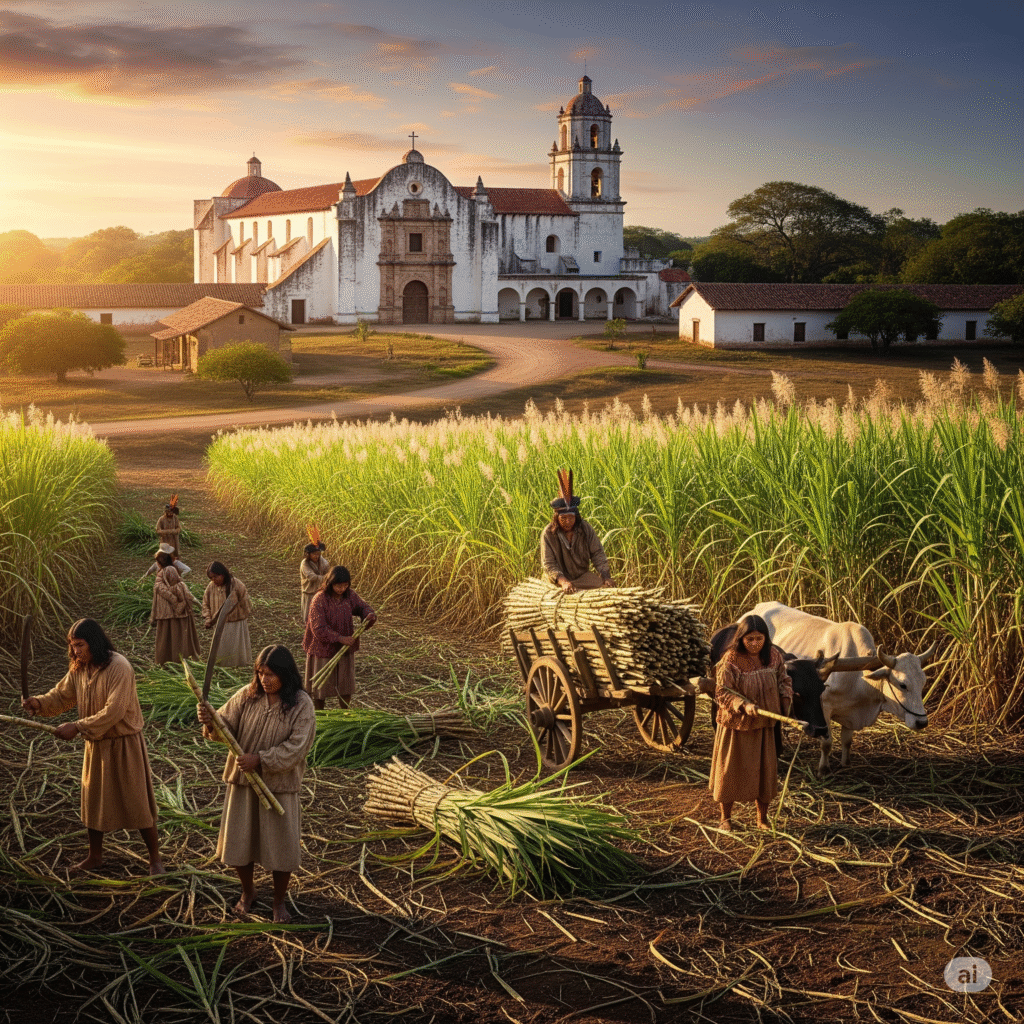 A visual of indigenous people farming sugarcane with a colonial mission in the background