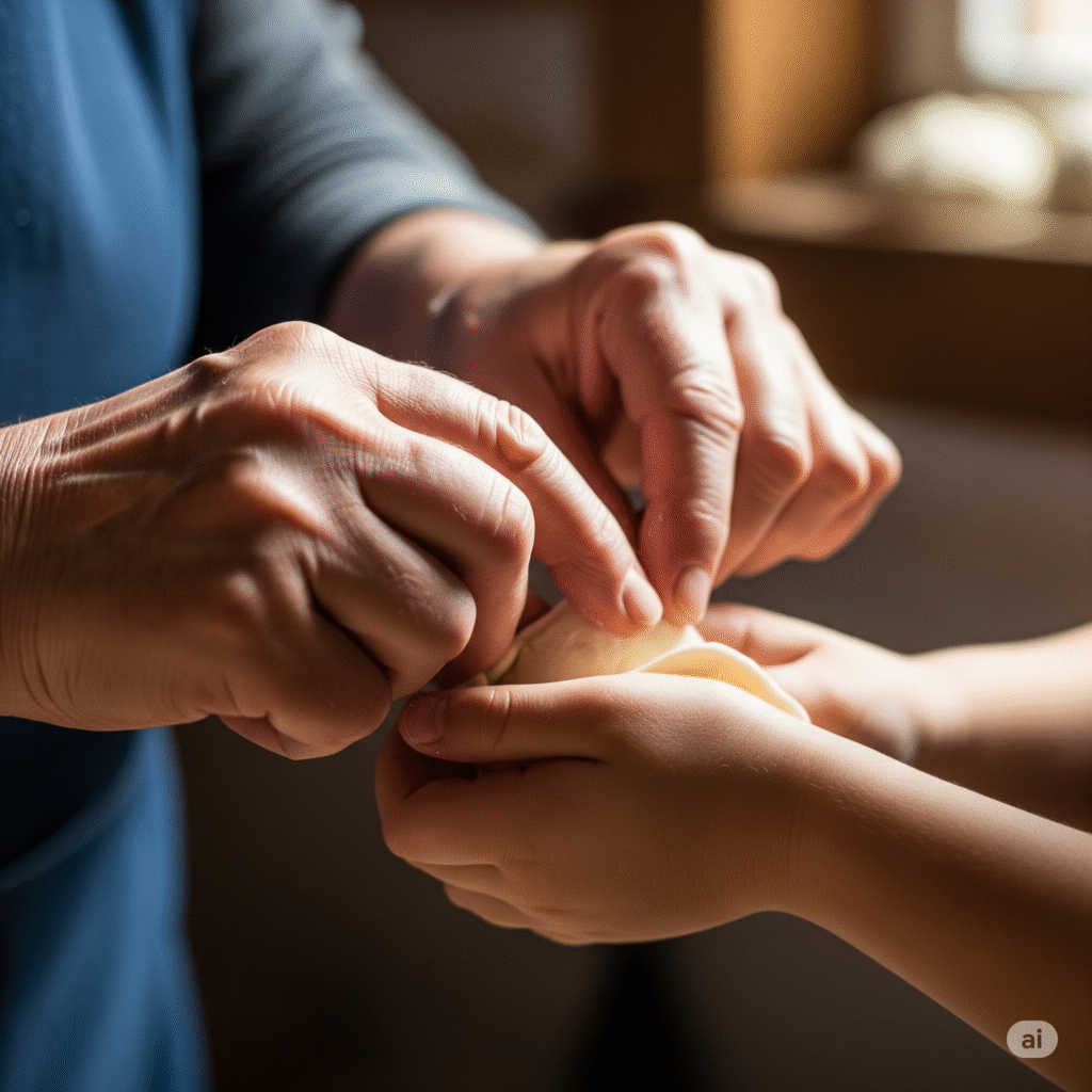 Elders teaching children traditional cooking